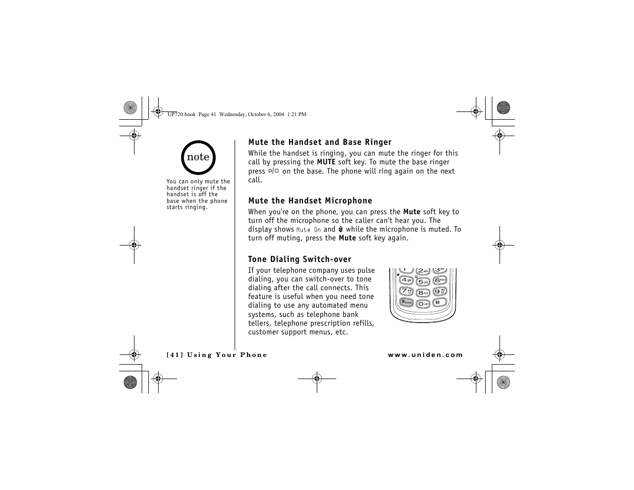 Mute the handset and base ringer, Mute the handset microphone, Tone dialing switch-over | P. 41 & 56), Earpiece | Uniden DMX 778 Series User Manual | Page 42 / 96