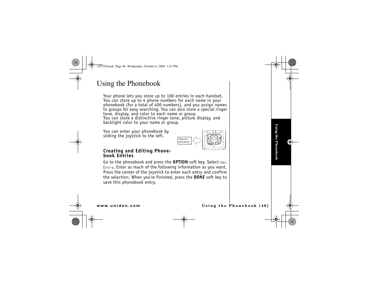 Using the phonebook, Creating and editing phonebook entries, Creating and editing phone- book entries | Uniden DMX 778 Series User Manual | Page 47 / 96