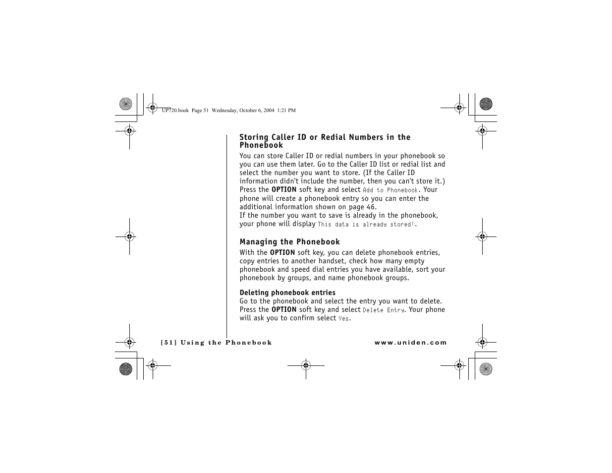 Managing the phonebook | Uniden DMX 778 Series User Manual | Page 52 / 96