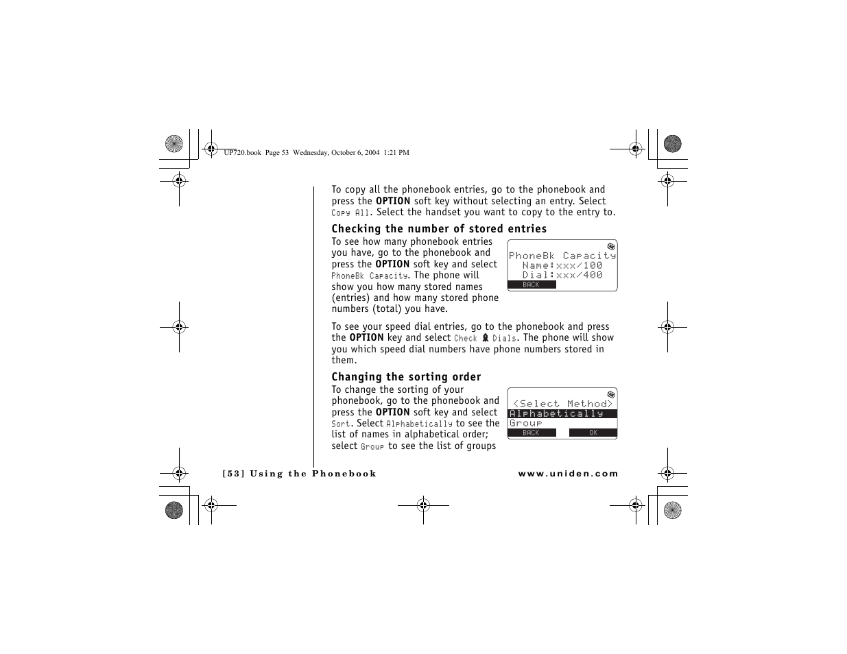 Checking the number of stored entries, Changing the sorting order | Uniden DMX 778 Series User Manual | Page 54 / 96