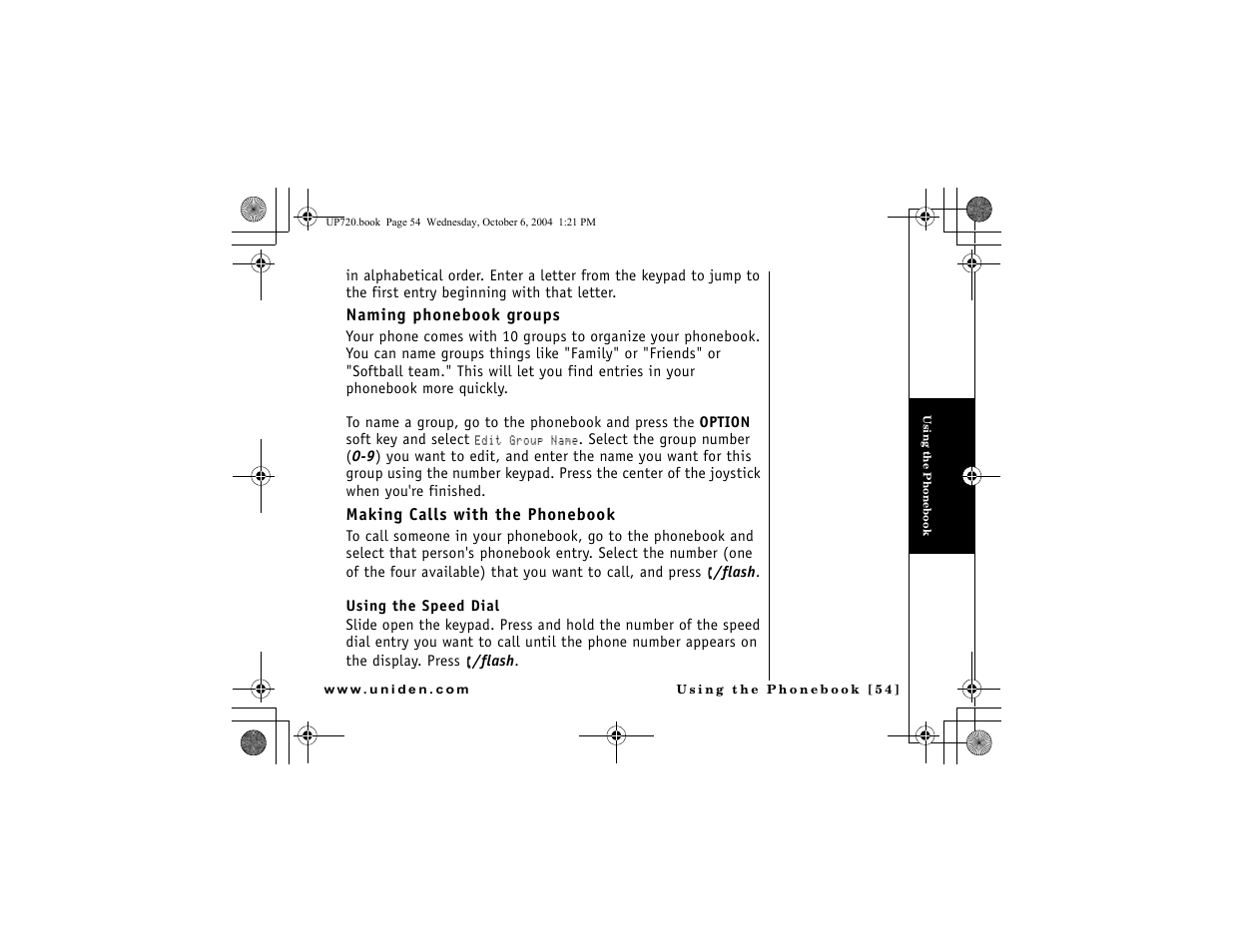 Naming phonebook groups, Making calls with the phonebook | Uniden DMX 778 Series User Manual | Page 55 / 96