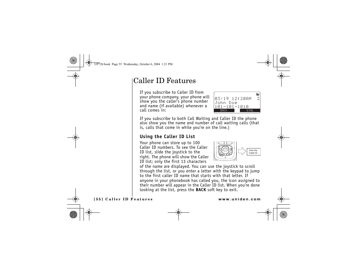 Caller id features, Using the caller id list | Uniden DMX 778 Series User Manual | Page 56 / 96