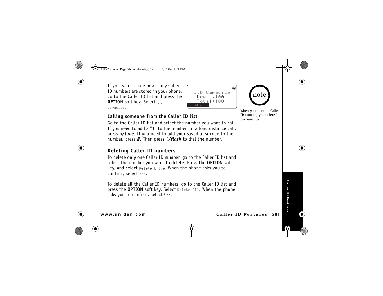 Deleting caller id numbers, P. 56) | Uniden DMX 778 Series User Manual | Page 57 / 96