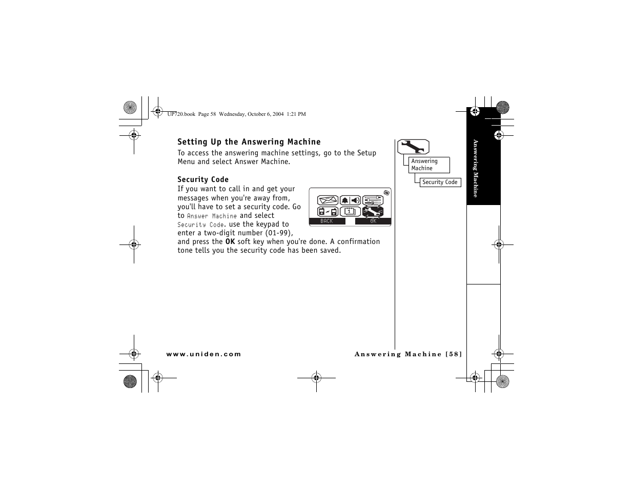 Setting up the answering machine | Uniden DMX 778 Series User Manual | Page 59 / 96