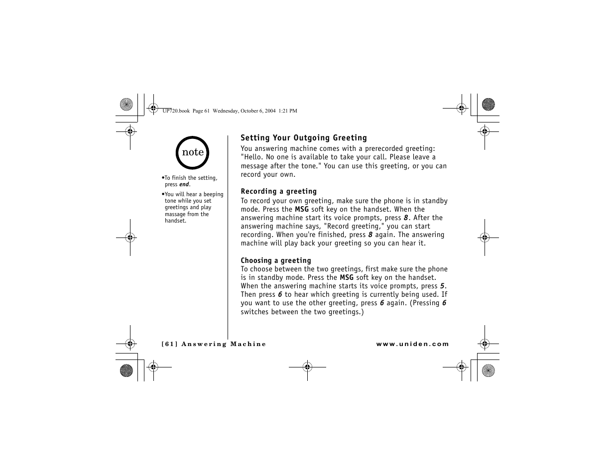 Setting your outgoing greeting | Uniden DMX 778 Series User Manual | Page 62 / 96