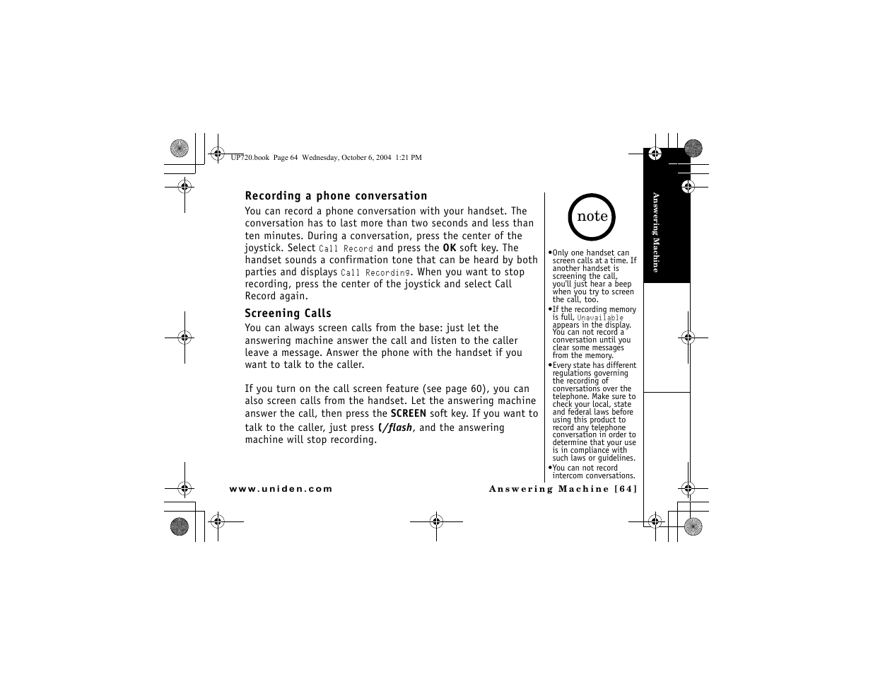 Recording a phone conversation, Screening calls | Uniden DMX 778 Series User Manual | Page 65 / 96