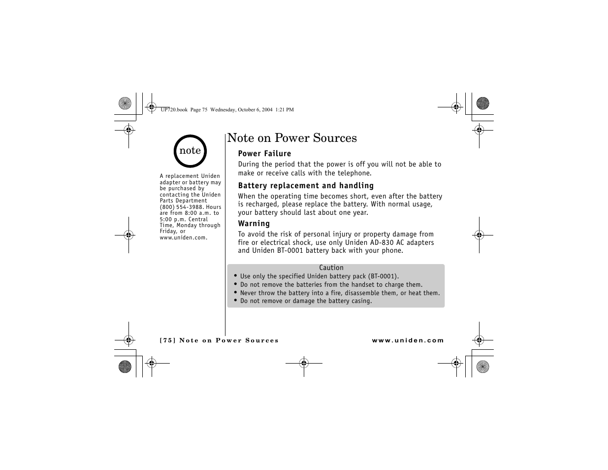 Note on power sources, Power failure, Battery replacement and handling | Warning | Uniden DMX 778 Series User Manual | Page 76 / 96