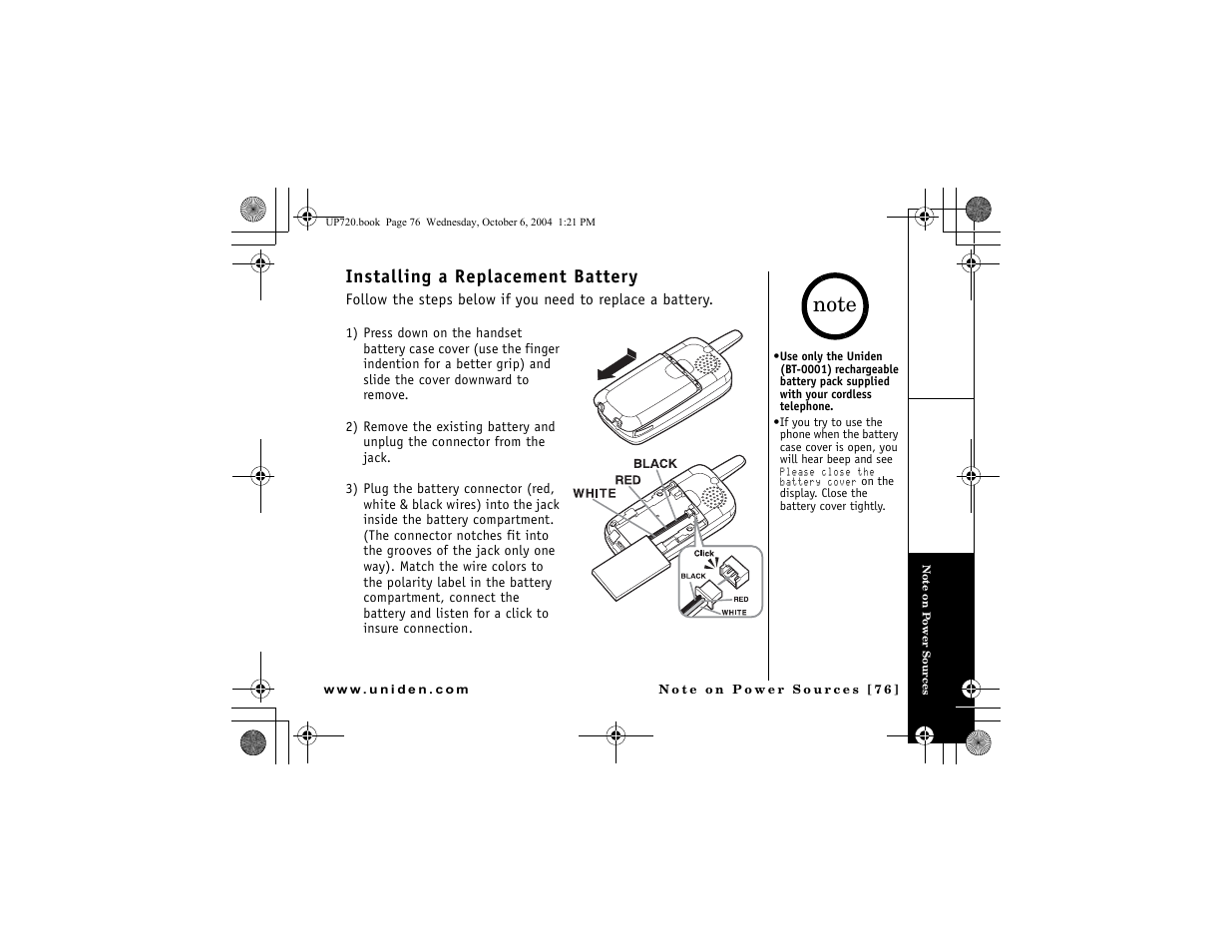 Installing a replacement battery | Uniden DMX 778 Series User Manual | Page 77 / 96