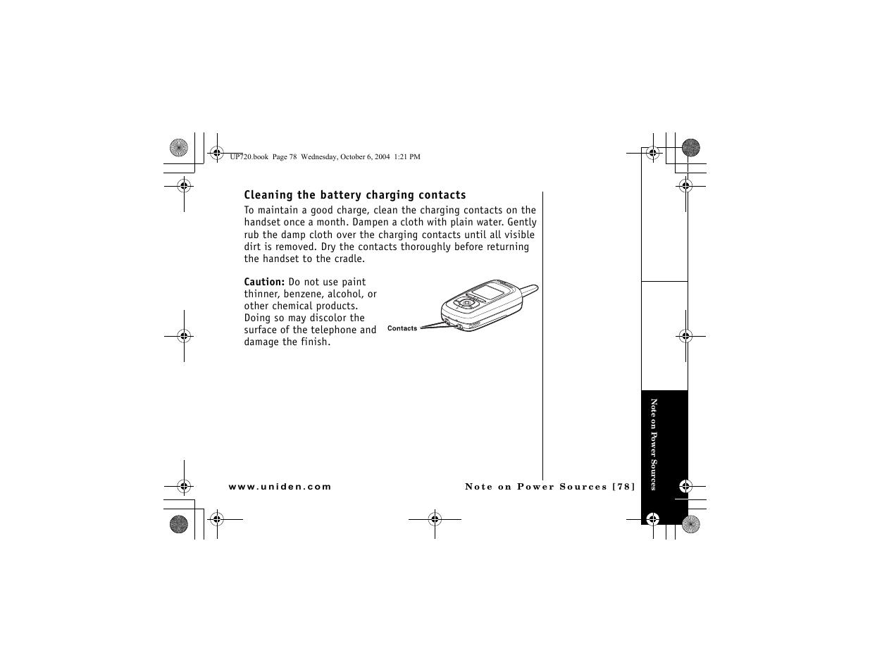 Cleaning the battery charging contacts | Uniden DMX 778 Series User Manual | Page 79 / 96