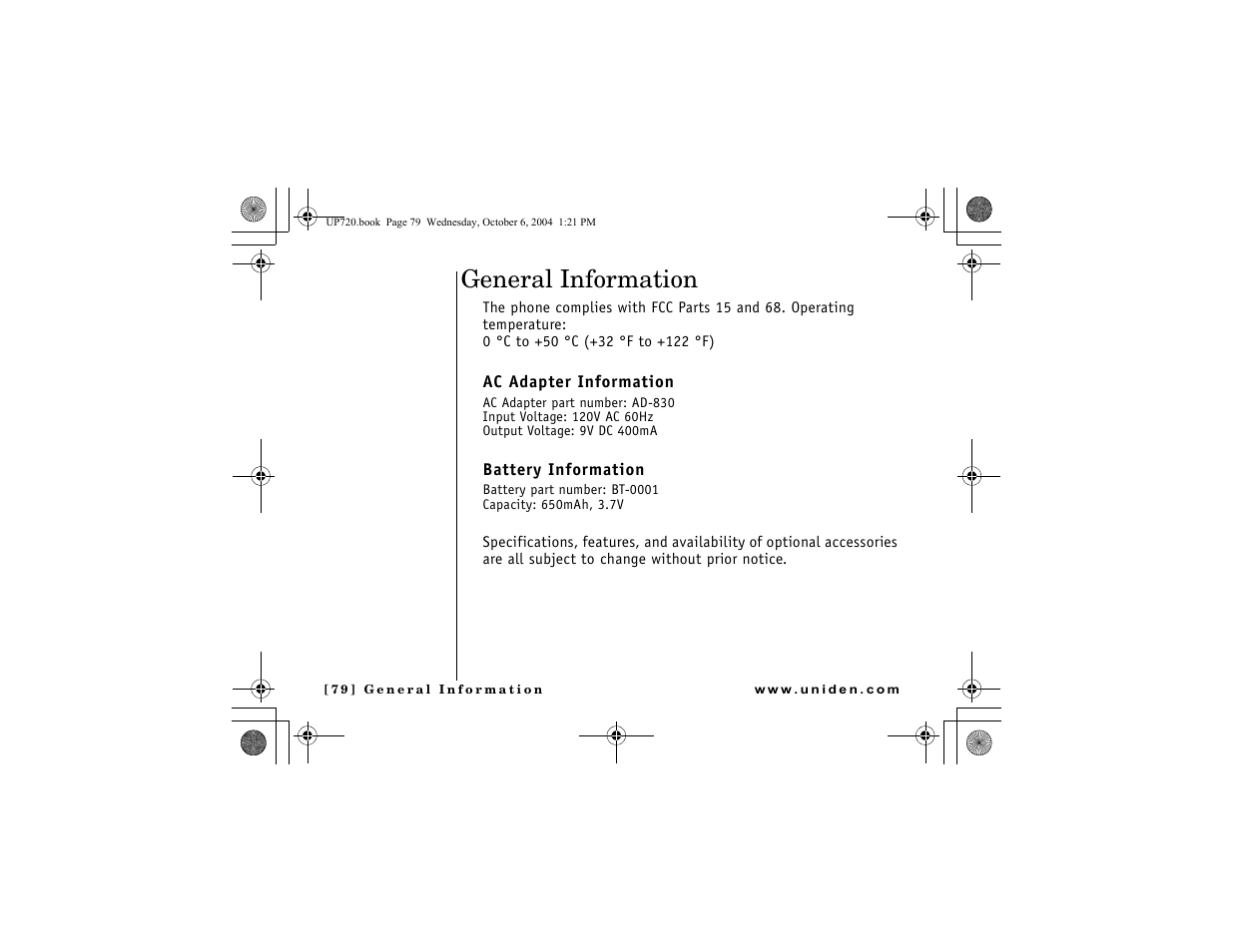 General information, Ac adapter information, Battery information | Uniden DMX 778 Series User Manual | Page 80 / 96