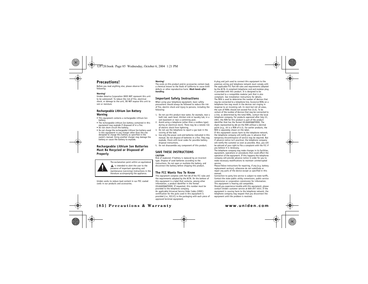 Precautions | Uniden DMX 778 Series User Manual | Page 86 / 96