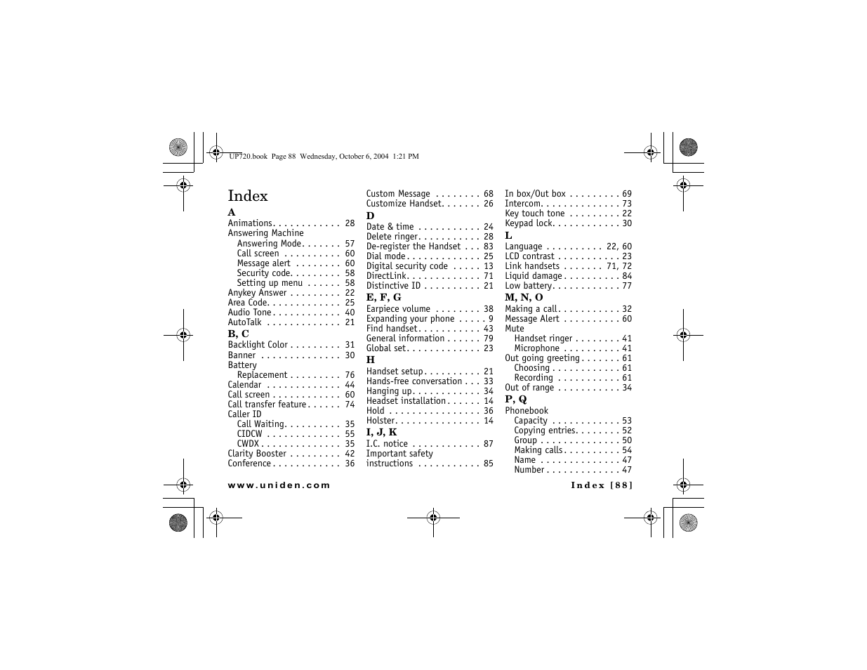 Index | Uniden DMX 778 Series User Manual | Page 89 / 96