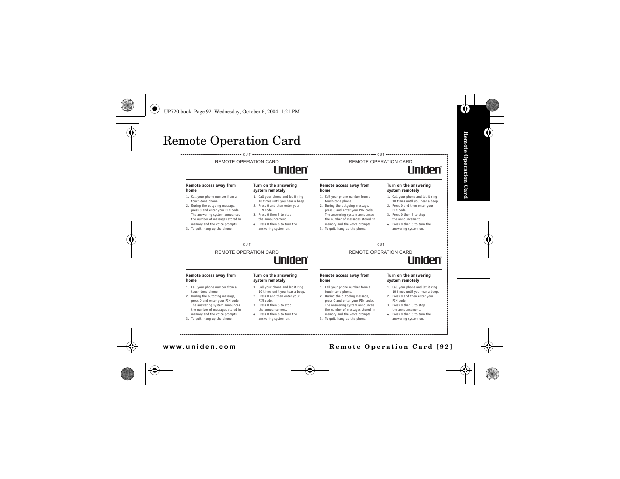 Remote operation card | Uniden DMX 778 Series User Manual | Page 93 / 96