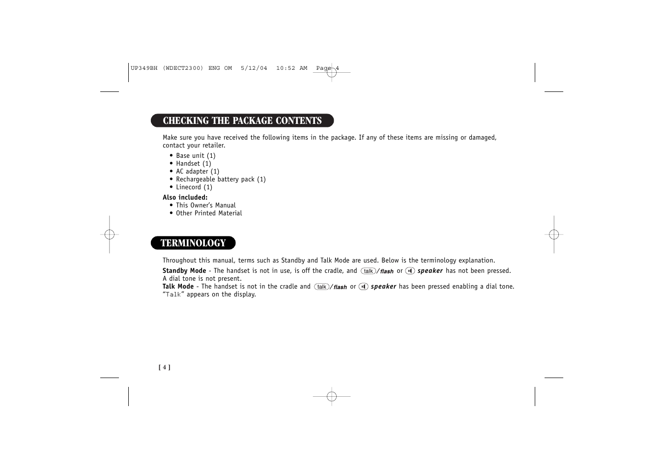 Checking the package contents, Terminology | Uniden 2300 User Manual | Page 10 / 48