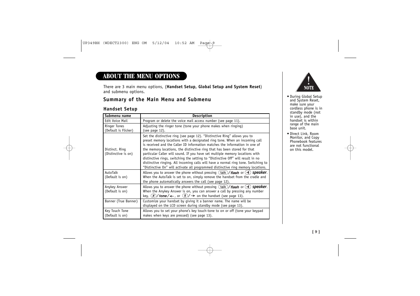 About the menu options | Uniden 2300 User Manual | Page 15 / 48