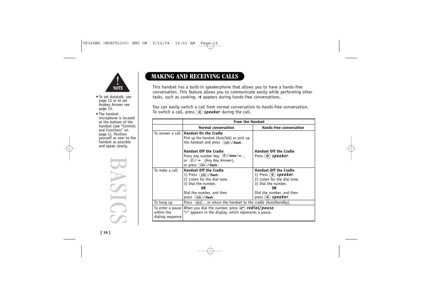 Basics, Making and receiving calls | Uniden 2300 User Manual | Page 22 / 48