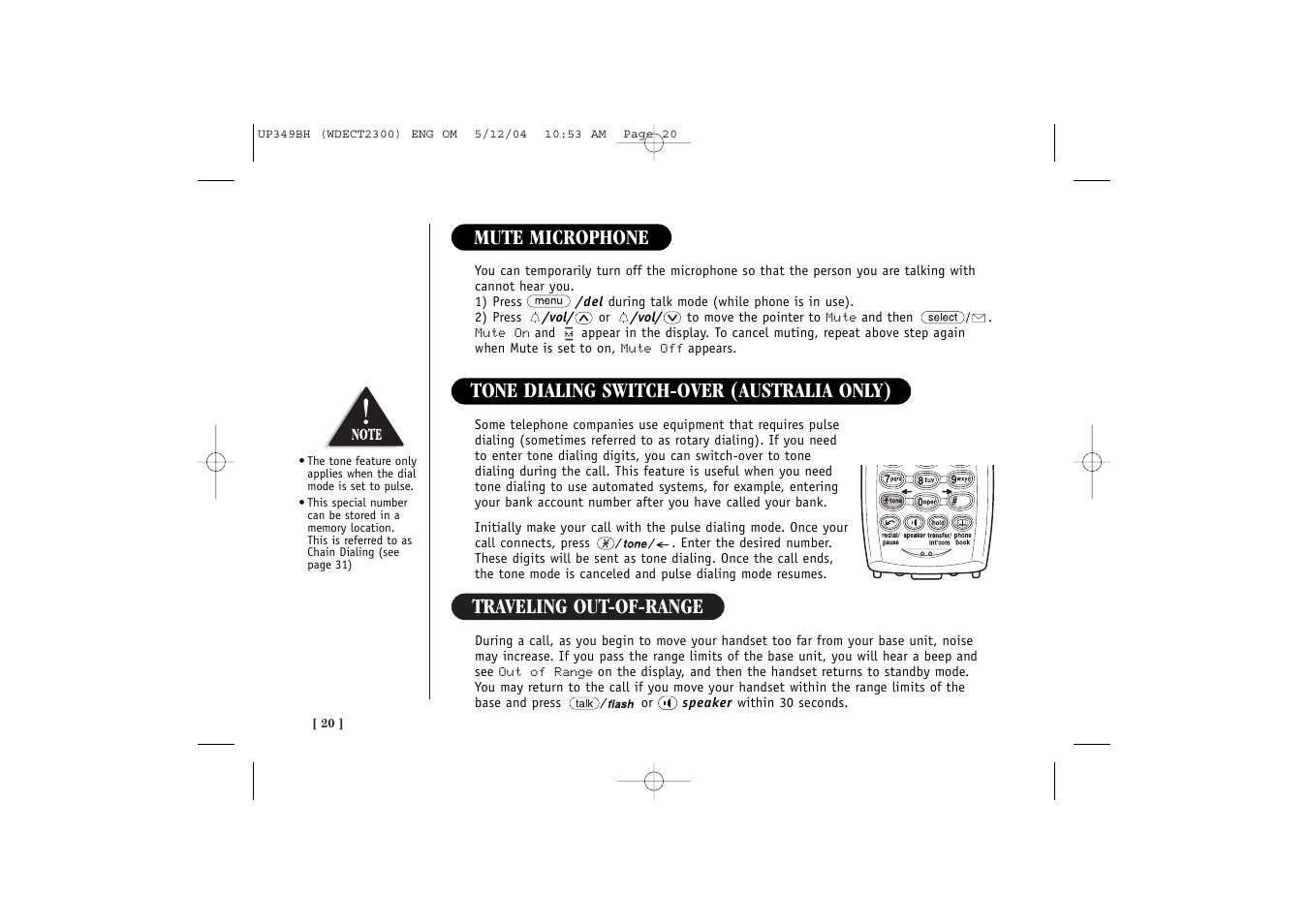 Traveling out-of-range, Mute microphone, Tone dialing switch-over (australia only) | Uniden 2300 User Manual | Page 26 / 48