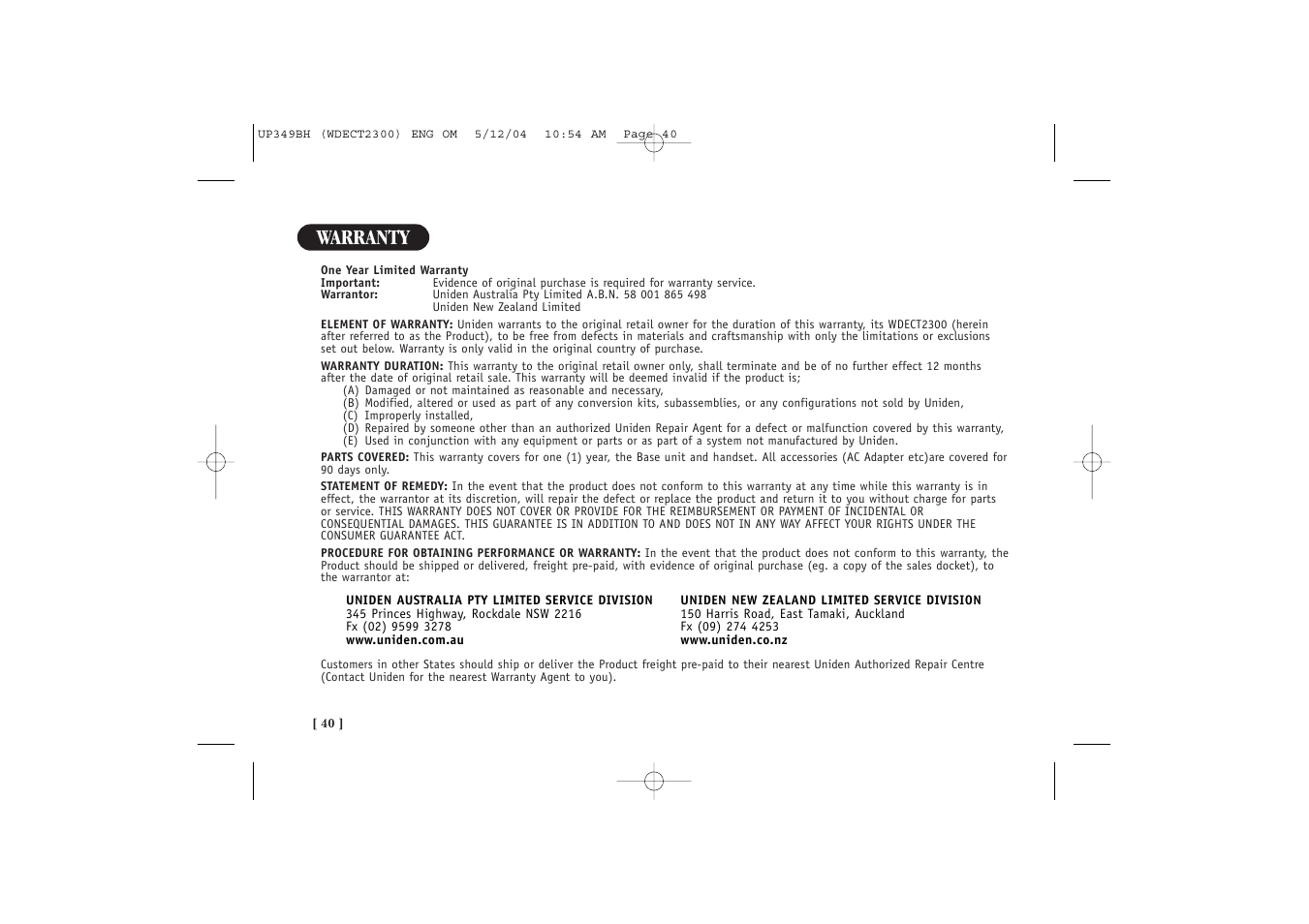 Warranty | Uniden 2300 User Manual | Page 46 / 48