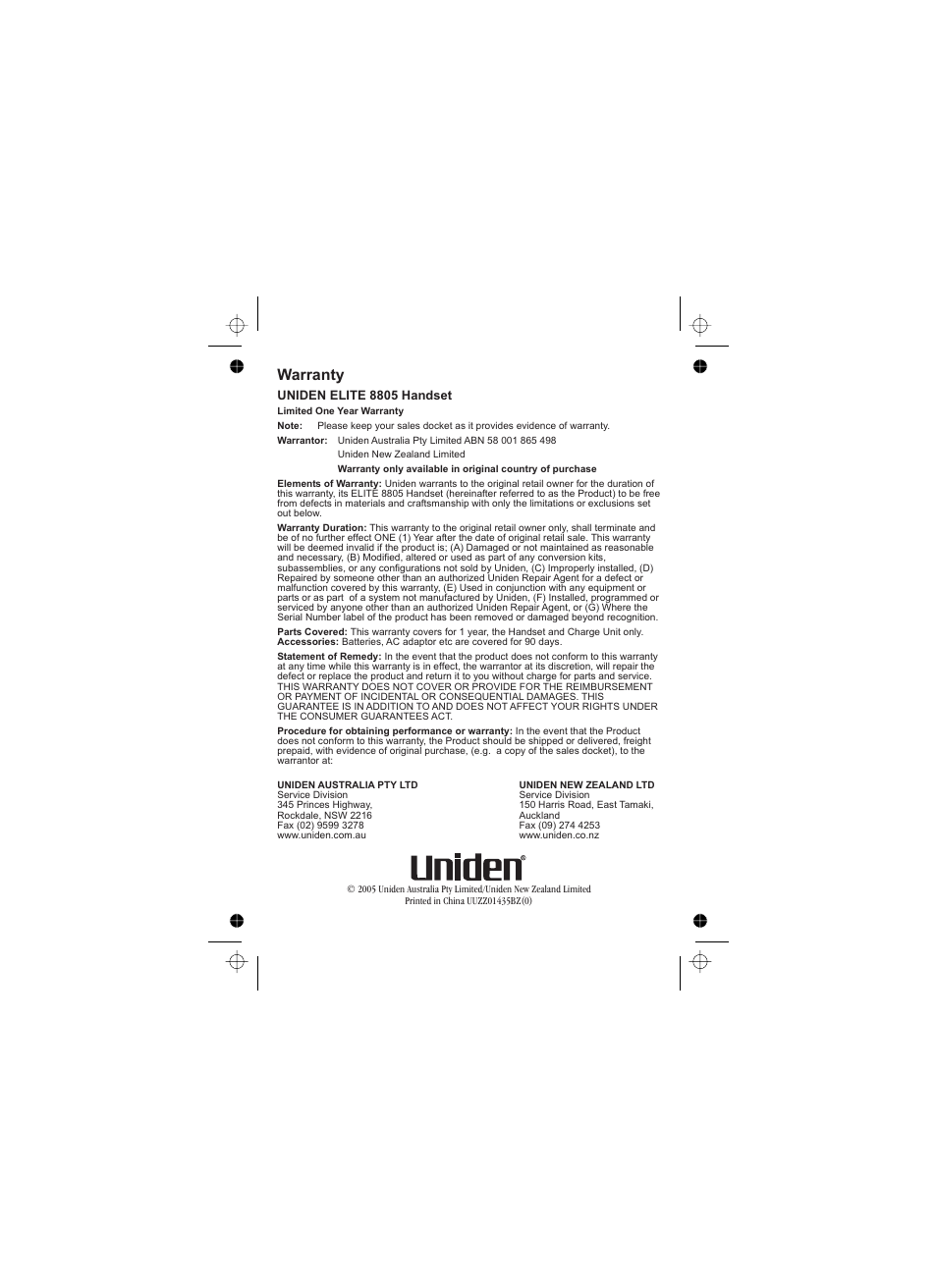 Warranty | Uniden Elite 8805 User Manual | Page 12 / 12