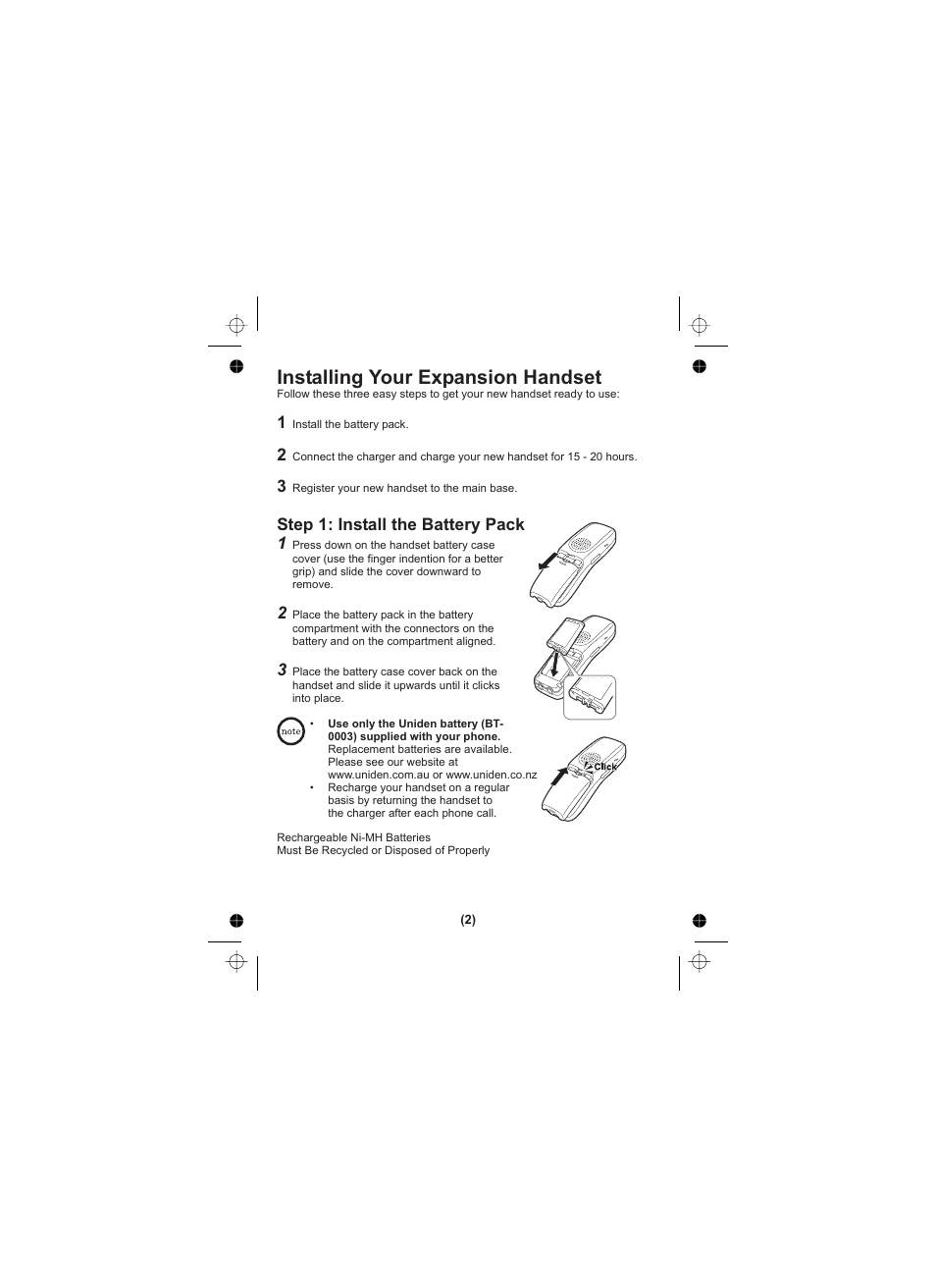 Installing your expansion handset | Uniden Elite 8805 User Manual | Page 3 / 12