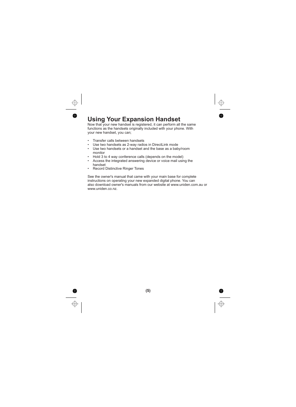 Using your expansion handset | Uniden Elite 8805 User Manual | Page 6 / 12