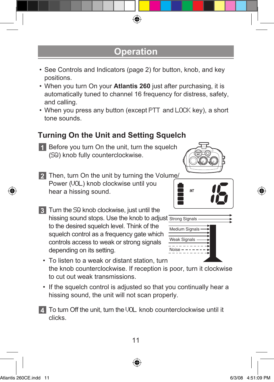 Operation, Turning on the unit and setting squelch | Uniden Atlantis 260 User Manual | Page 13 / 28