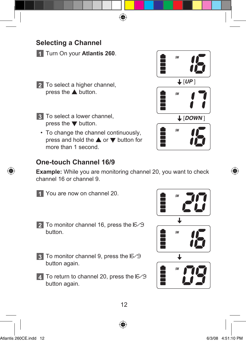 Selecting a channel, One-touch channel 16/9 | Uniden Atlantis 260 User Manual | Page 14 / 28