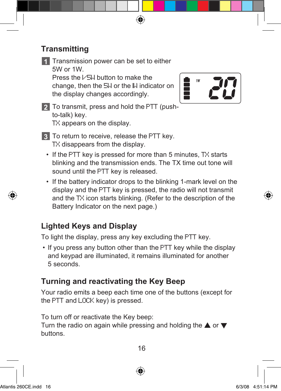 Transmitting, Lighted keys and display, Turning and reactivating the key beep | Uniden Atlantis 260 User Manual | Page 18 / 28