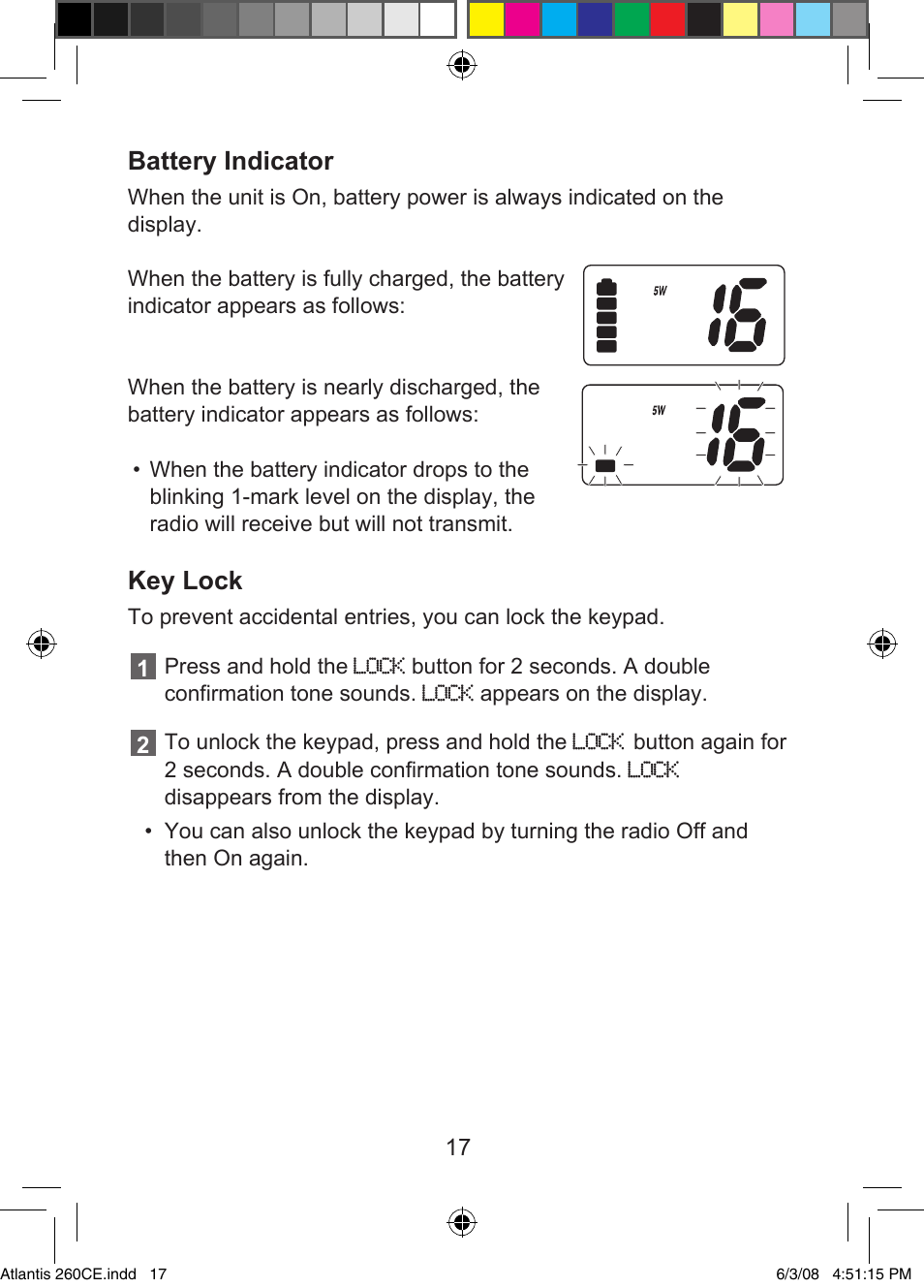 Battery indicator, Key lock | Uniden Atlantis 260 User Manual | Page 19 / 28