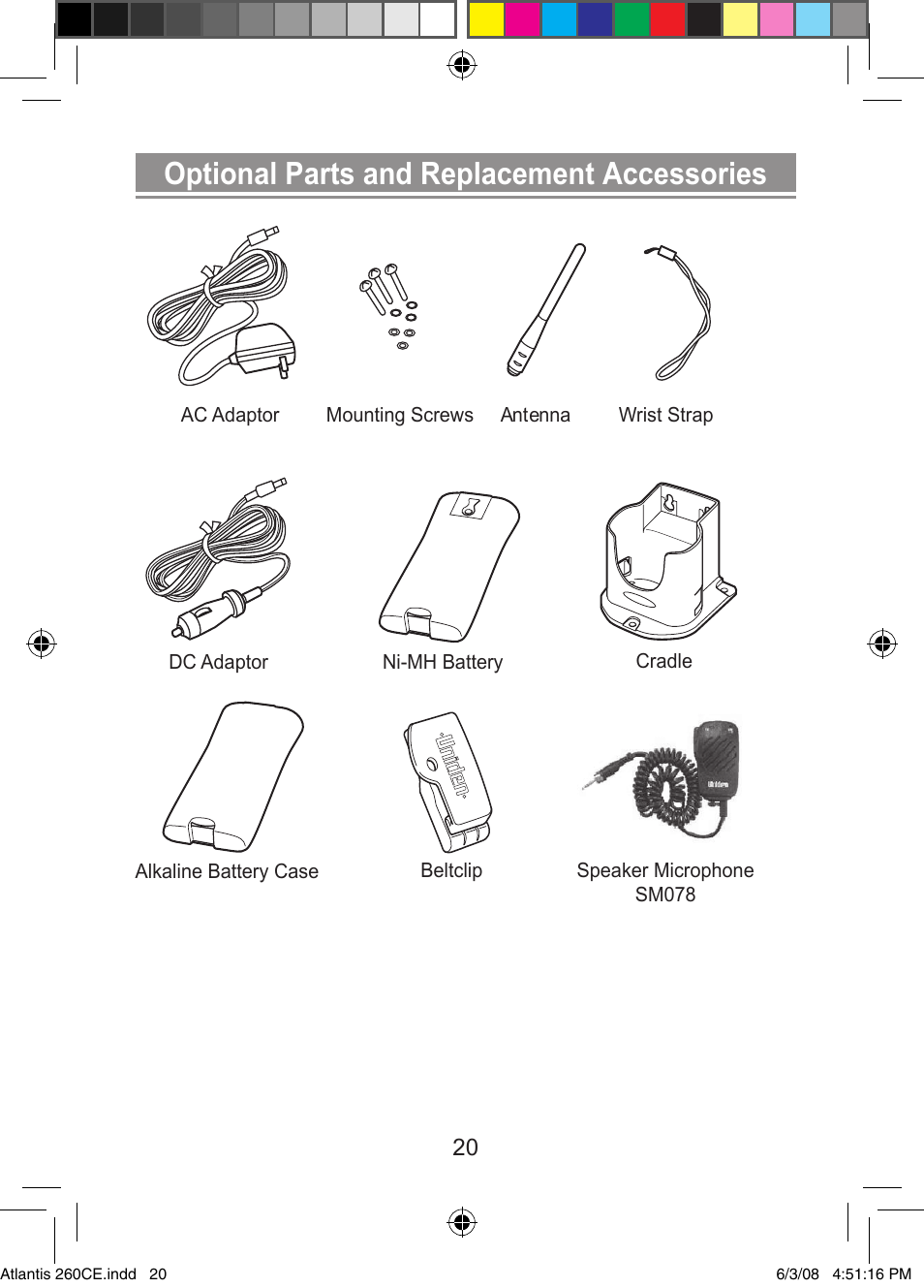 Optional parts and replacement accessories | Uniden Atlantis 260 User Manual | Page 22 / 28
