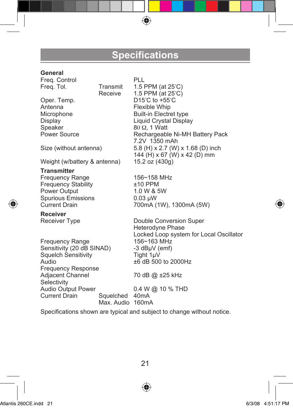 Specifications | Uniden Atlantis 260 User Manual | Page 23 / 28