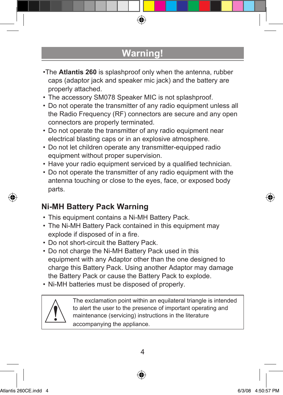 Warning, Ni-mh battery pack warning | Uniden Atlantis 260 User Manual | Page 6 / 28