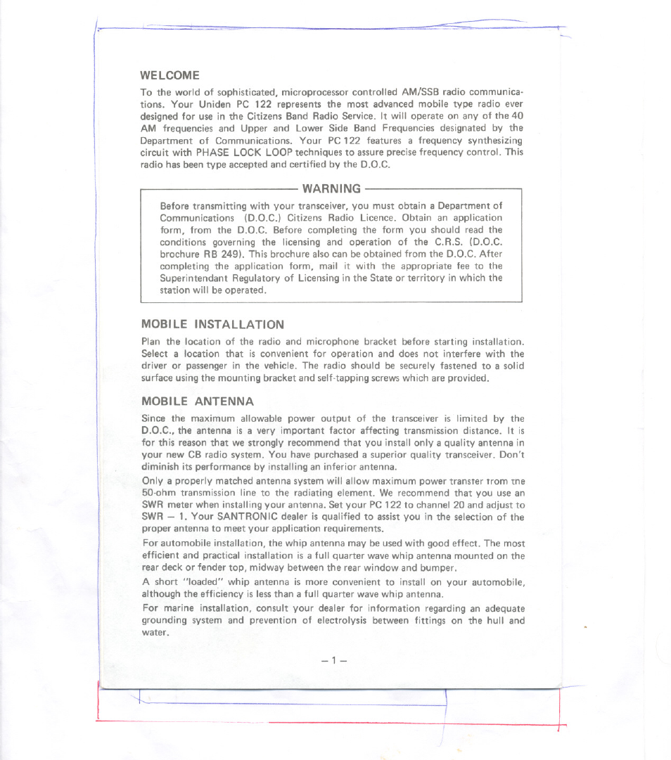 Welcome, Warning, Mobile installation | Mobile antenna | Uniden PC122AM/SSB User Manual | Page 2 / 8