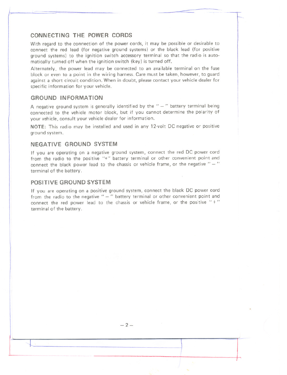 Connecting the power cords, Ground information, Negative ground system | Positive ground system | Uniden PC122AM/SSB User Manual | Page 3 / 8