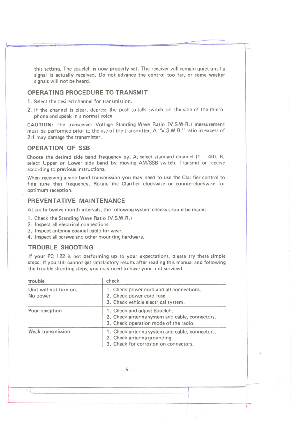 Operating procedure to transmit, Operation of ssb, Preventative maintenance | Trouble shooting | Uniden PC122AM/SSB User Manual | Page 6 / 8