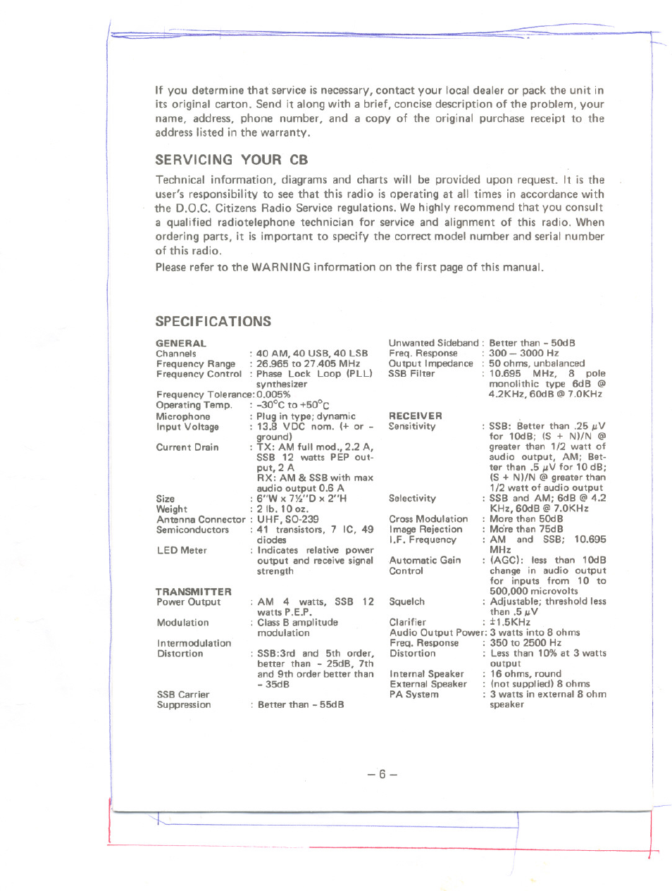 Servicing your cb, Specifications | Uniden PC122AM/SSB User Manual | Page 7 / 8