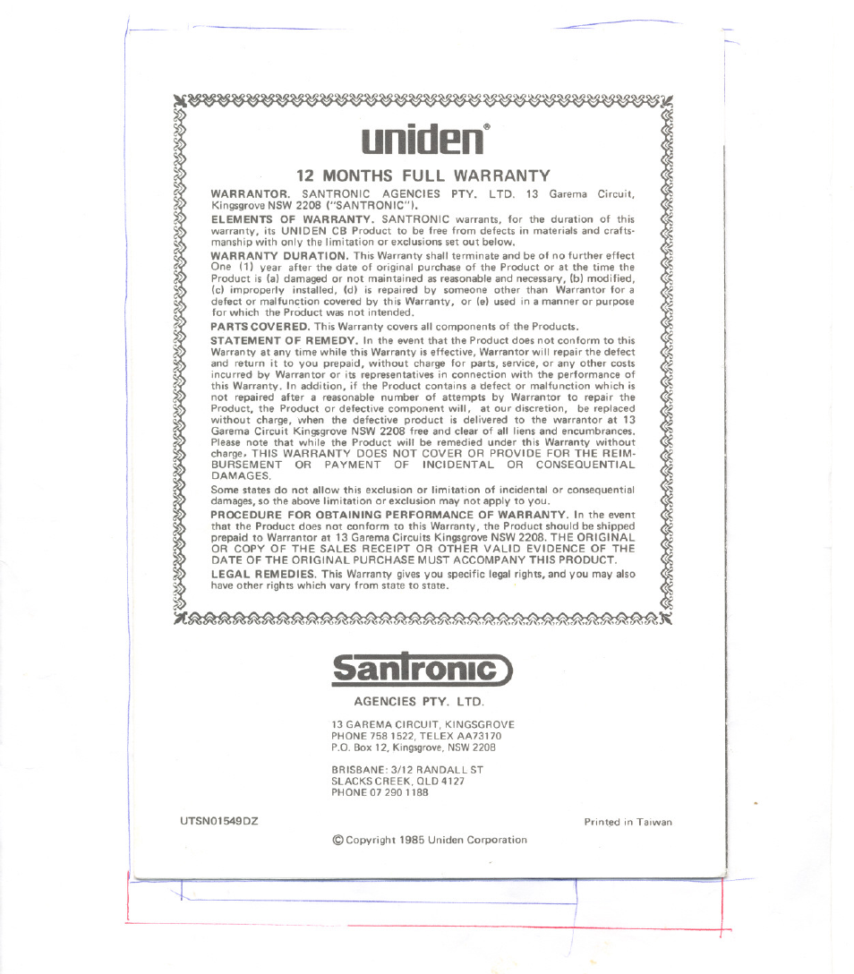 12 months full warranty, Uniderï, Sanironic | Uniden PC122AM/SSB User Manual | Page 8 / 8