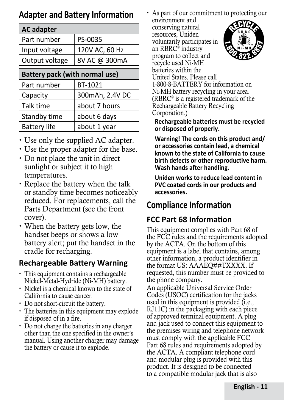 Adapter and battery information, Compliance information, Rechargeable battery warning | Fcc part 68 information | Uniden D1364 User Manual | Page 11 / 14