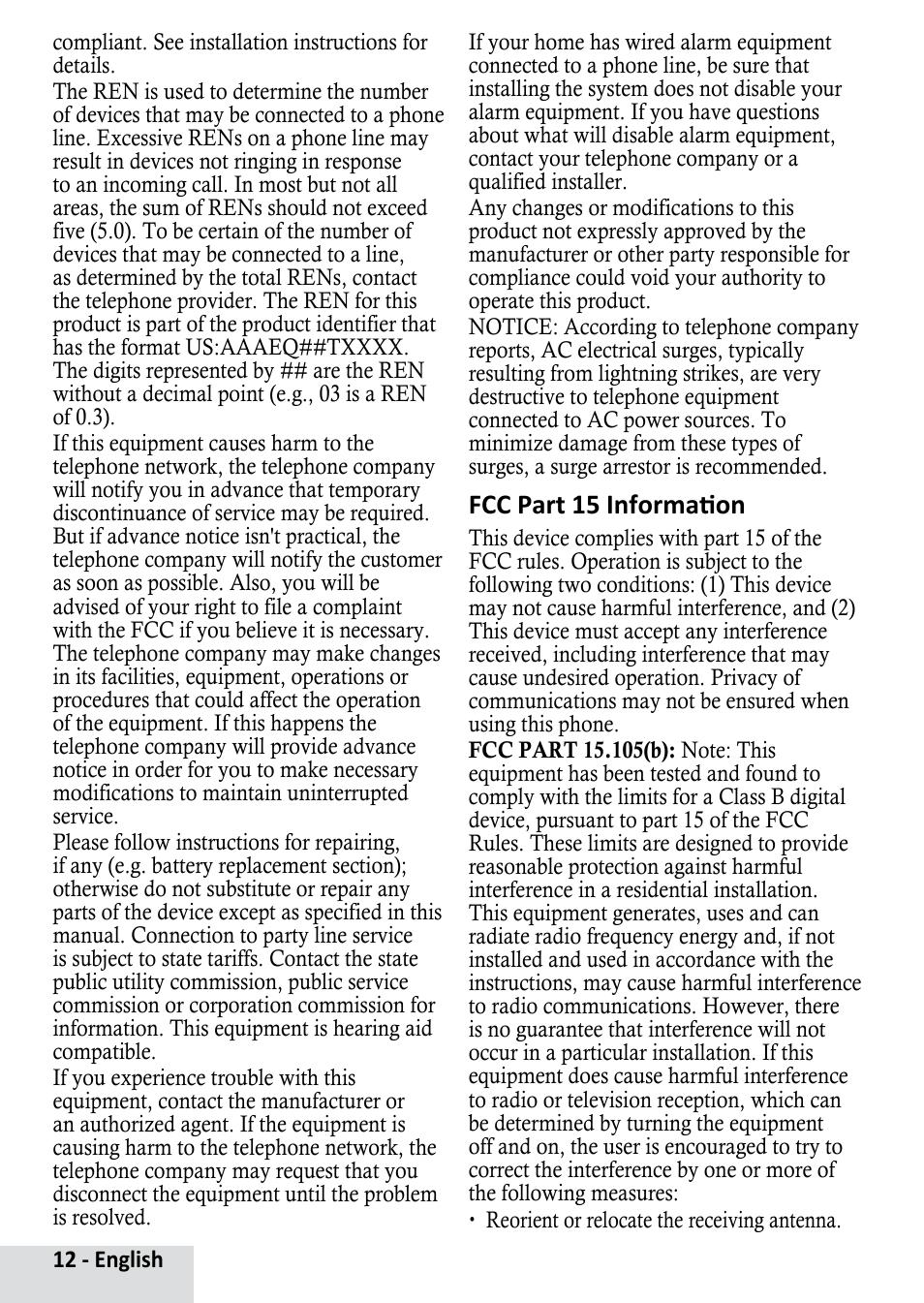 Fcc part 15 information | Uniden D1364 User Manual | Page 12 / 14