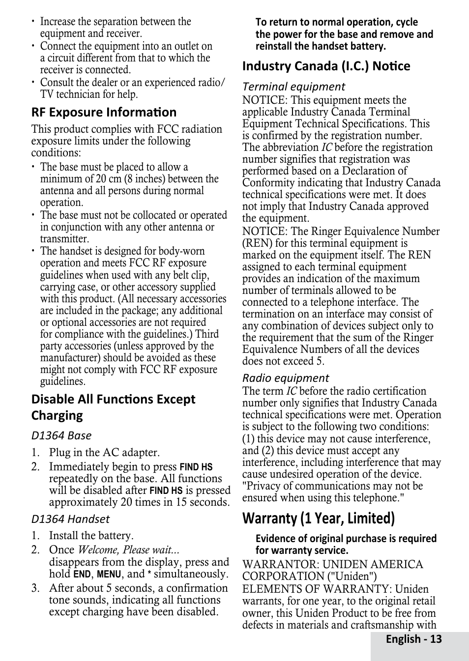 Warranty (1 year, limited), Rf exposure information, Disable all functions except charging | Industry canada (i.c.) notice | Uniden D1364 User Manual | Page 13 / 14