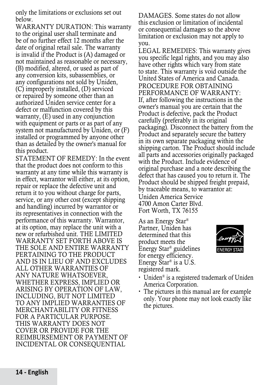Uniden D1364 User Manual | Page 14 / 14