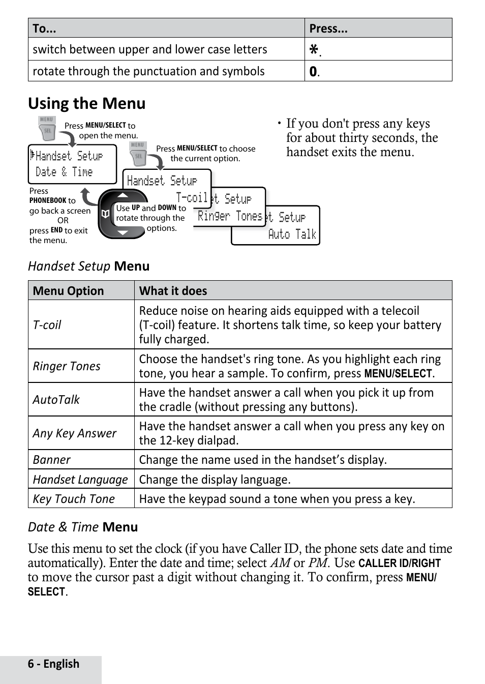 Using the menu, Handset setup menu, Date & time menu | Uniden D1364 User Manual | Page 6 / 14