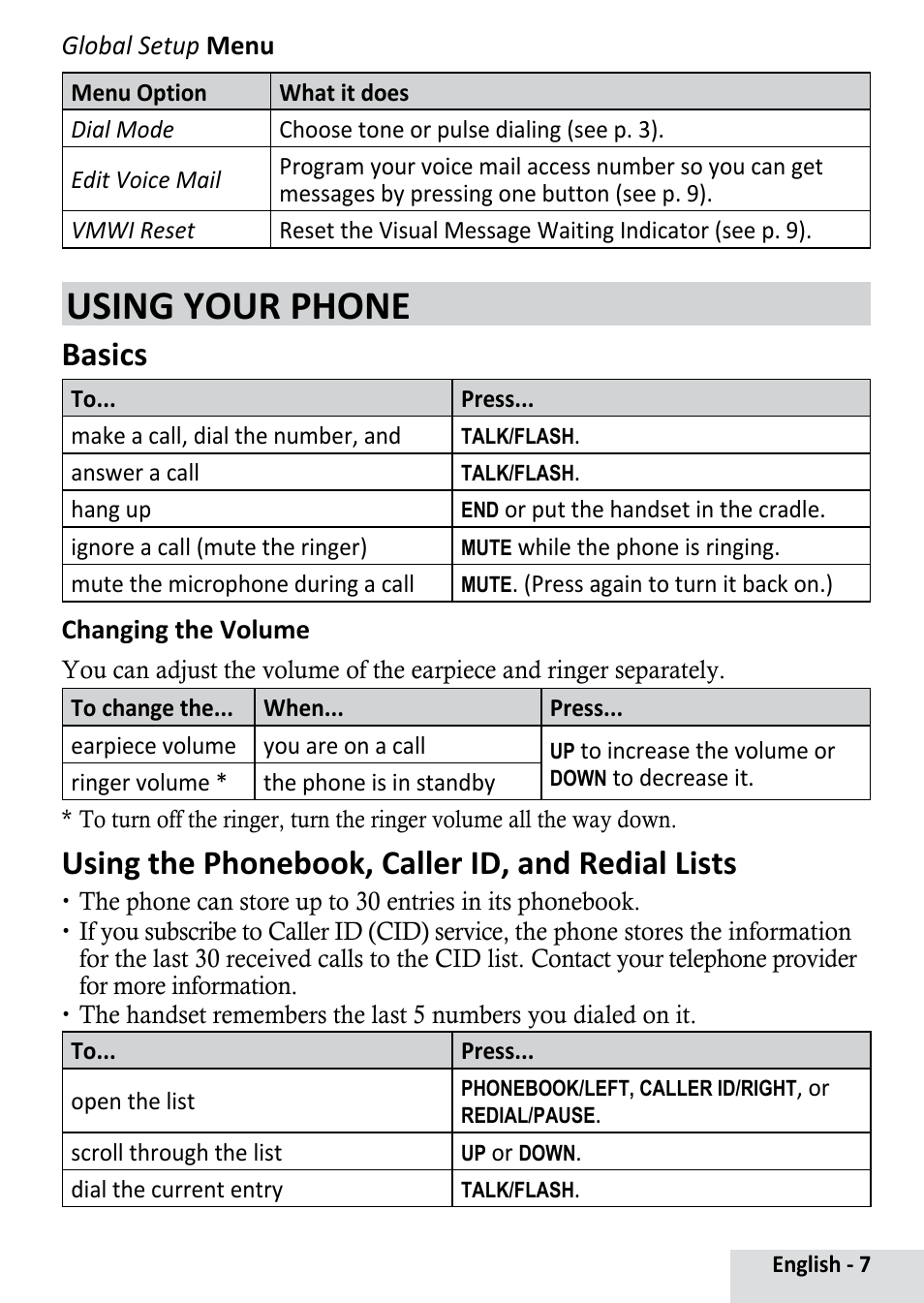 Using your phone, Basics, Using the phonebook, caller id, and redial lists | Uniden D1364 User Manual | Page 7 / 14