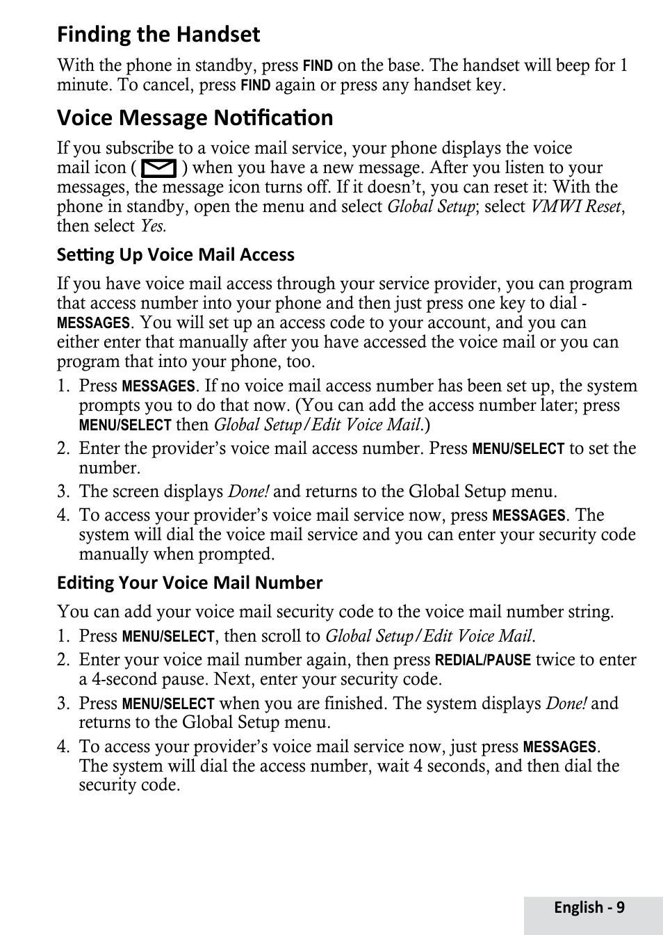 Finding the handset, Voice message notification | Uniden D1364 User Manual | Page 9 / 14