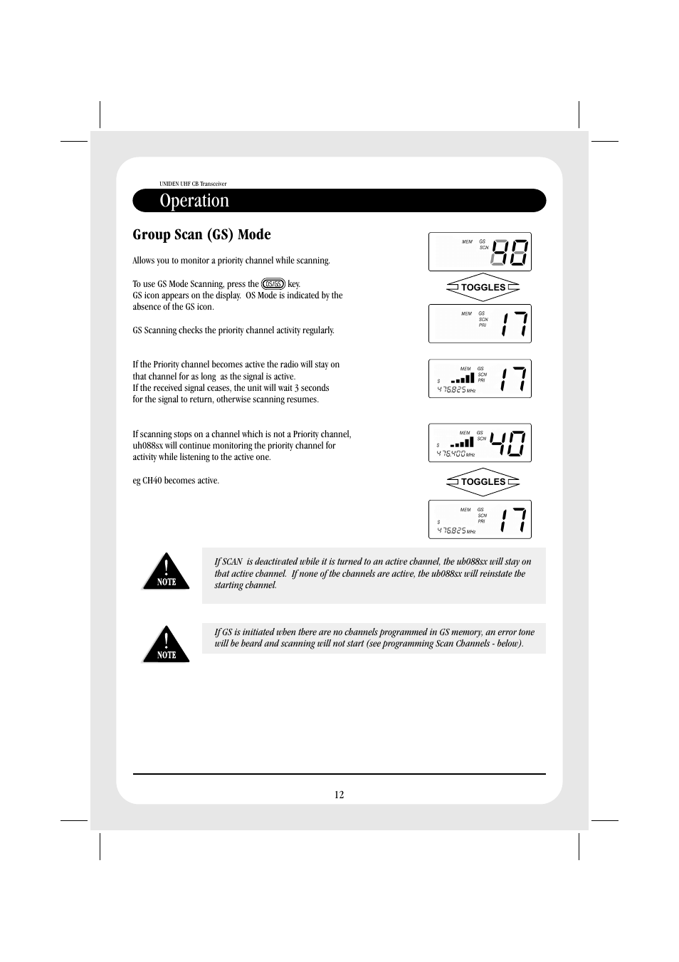 Operation, Group scan (gs) mode | Uniden UH088SX User Manual | Page 14 / 40