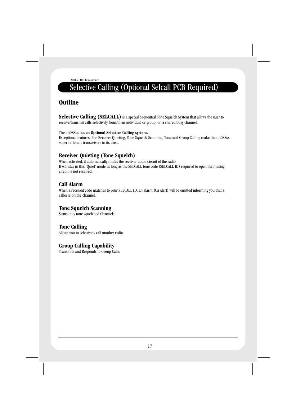 Selective calling (optional selcall pcb required), Outline | Uniden UH088SX User Manual | Page 19 / 40