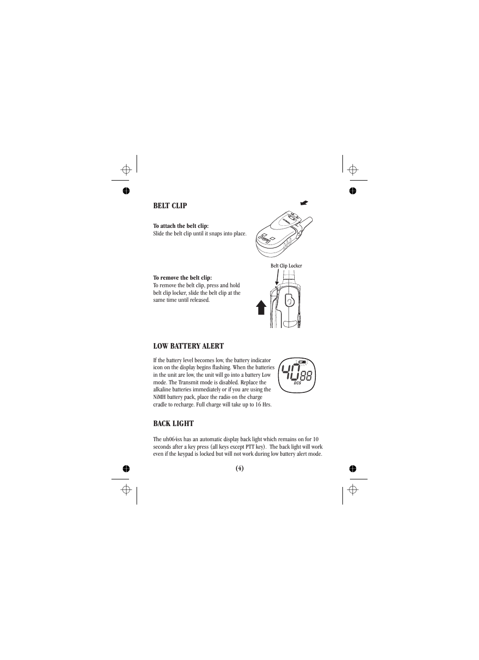 Belt clip low battery alert back light | Uniden UH088SX User Manual | Page 29 / 40