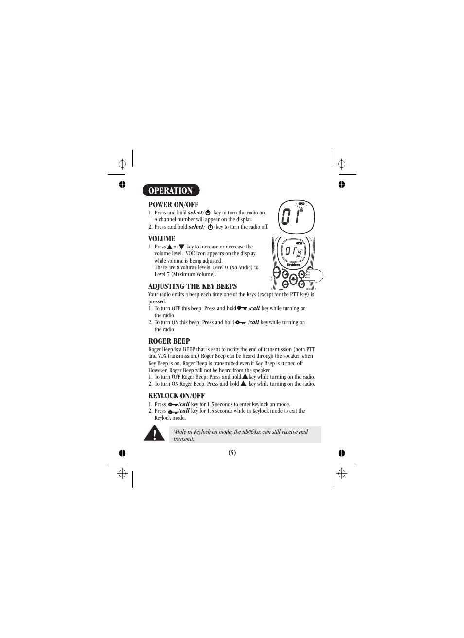 Operation, Keylock on/off | Uniden UH088SX User Manual | Page 30 / 40