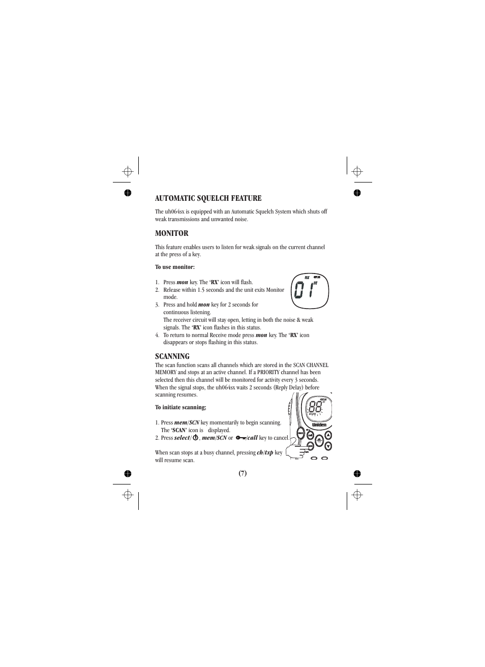 Automatic squelch feature monitor, Scanning | Uniden UH088SX User Manual | Page 32 / 40