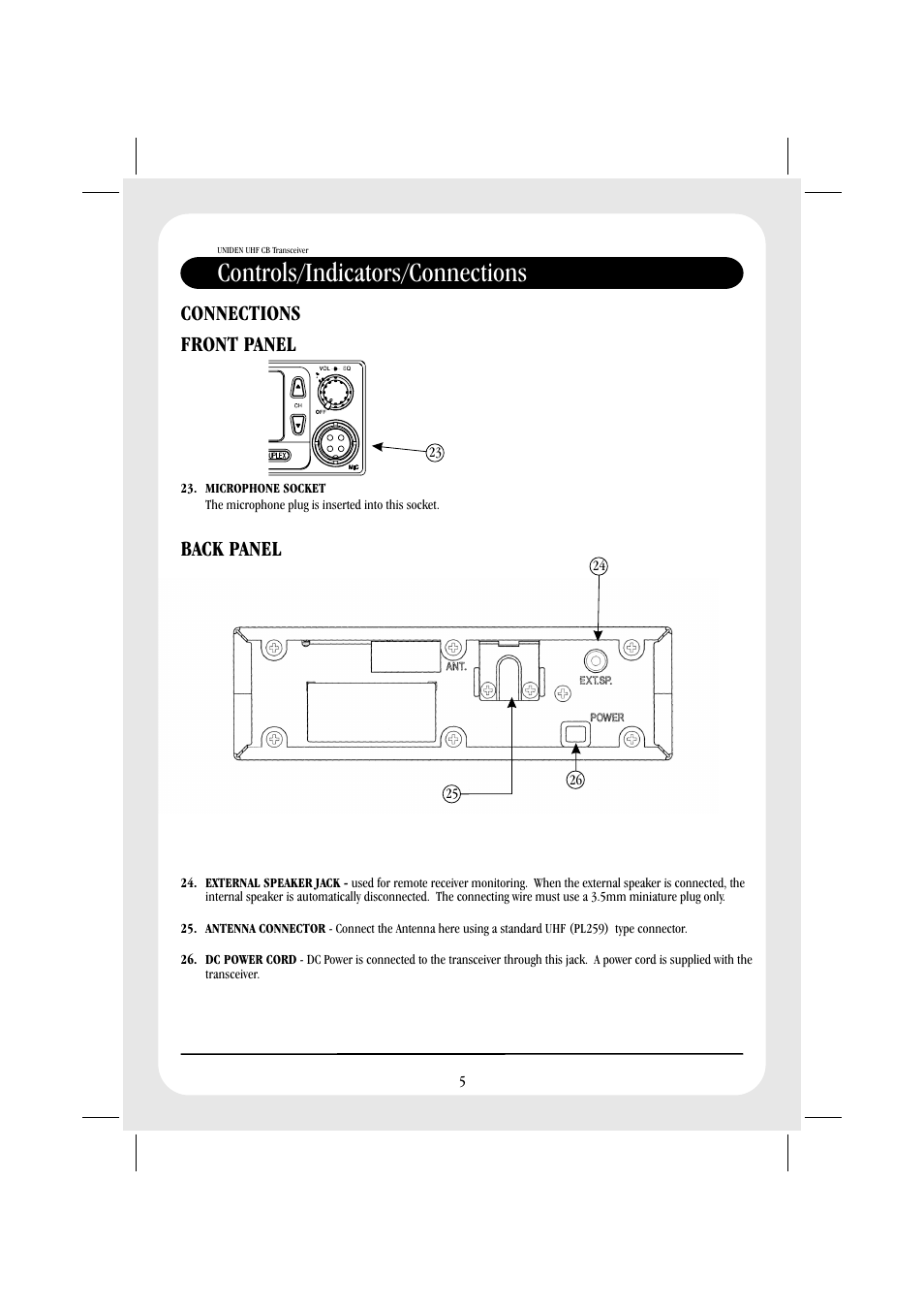 Controls/indicators/connections, Connections front panel back panel | Uniden UH088SX User Manual | Page 7 / 40